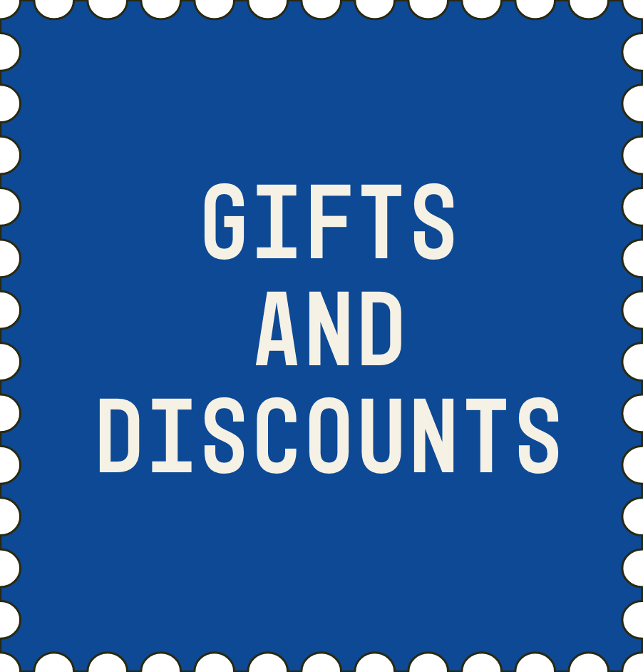 Blue stamp graphic with white text reading “GIFTS AND DISCOUNTS”