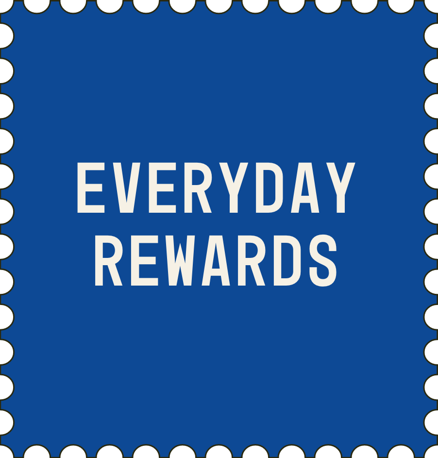 Blue postage-stamp graphic with white text reading “EVERYDAY REWARDS”