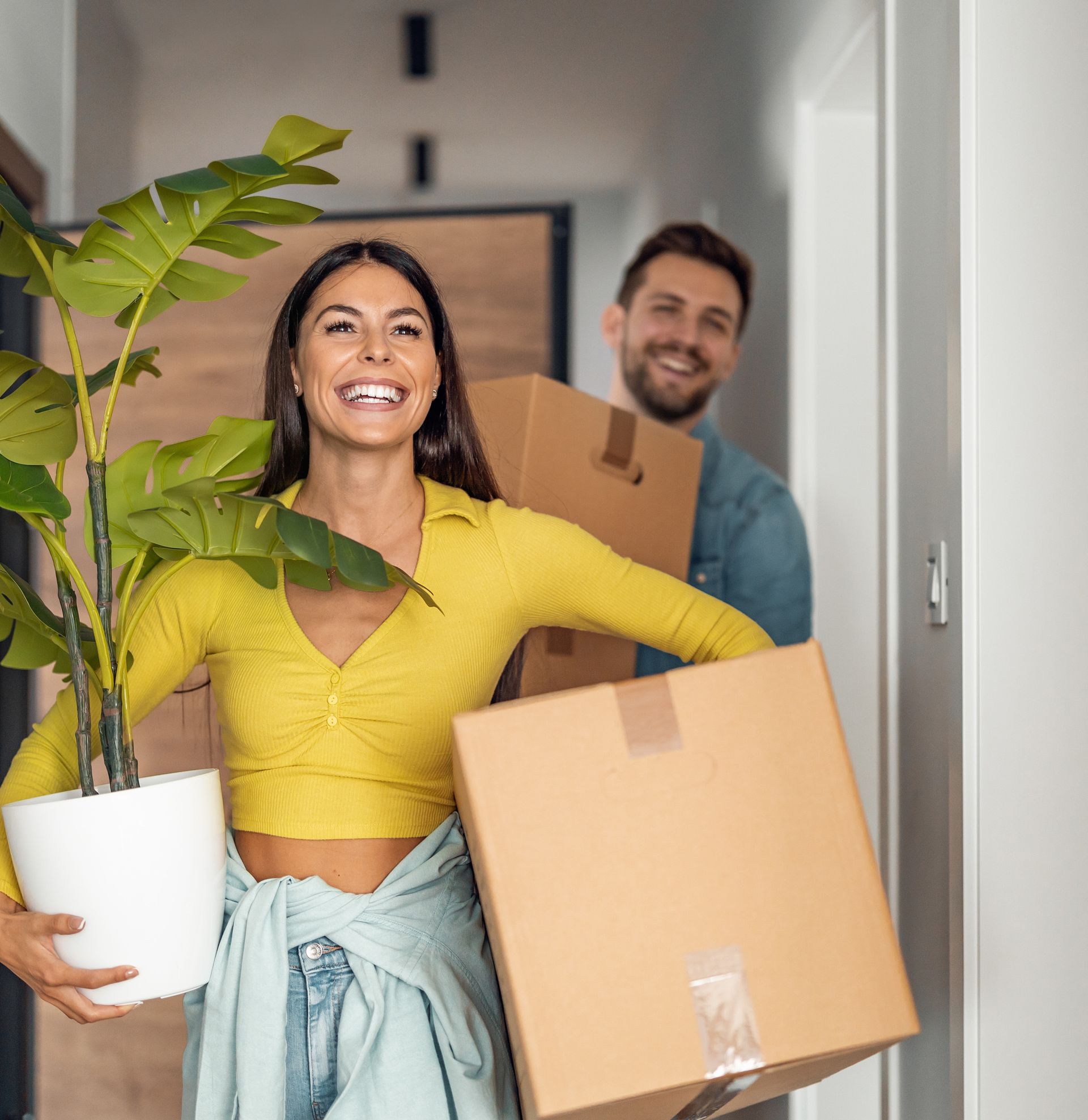 A woman is holding a potted plant and a box while a man is carrying boxes.