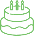 A green line drawing of a birthday cake with three candles on top.