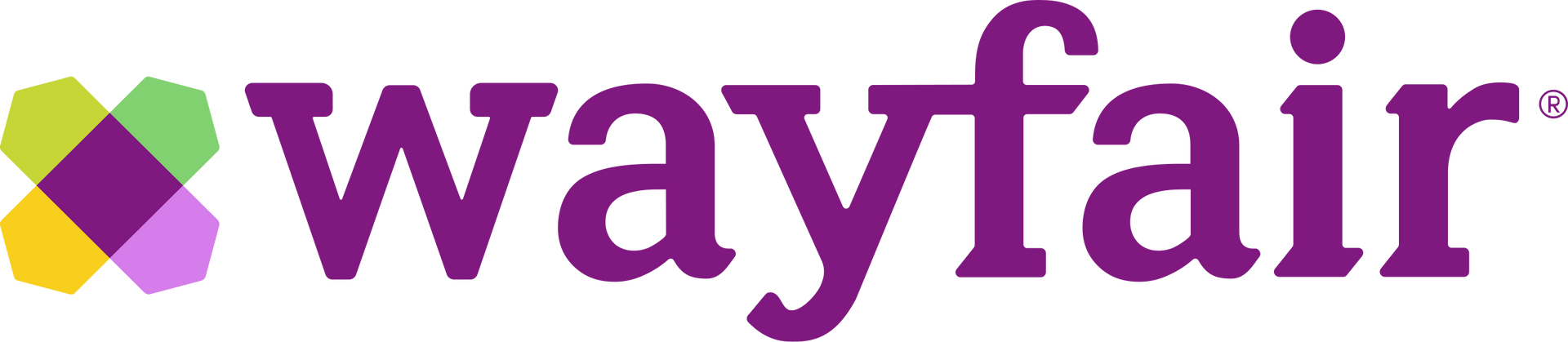 A purple wayfair logo with a purple diamond in the middle