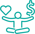 A line drawing of a person holding a heart and a dollar sign.