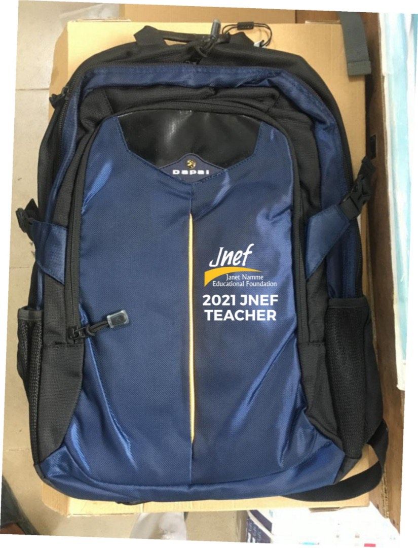 A blue and black backpack with a teacher embroidered on it