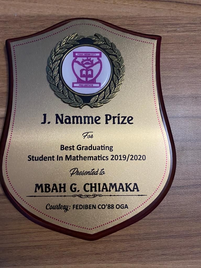 A plaque that says j. namme prize for best student in mathematics