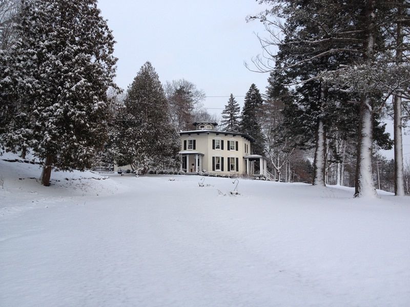 A large house is surrounded by snow covered trees