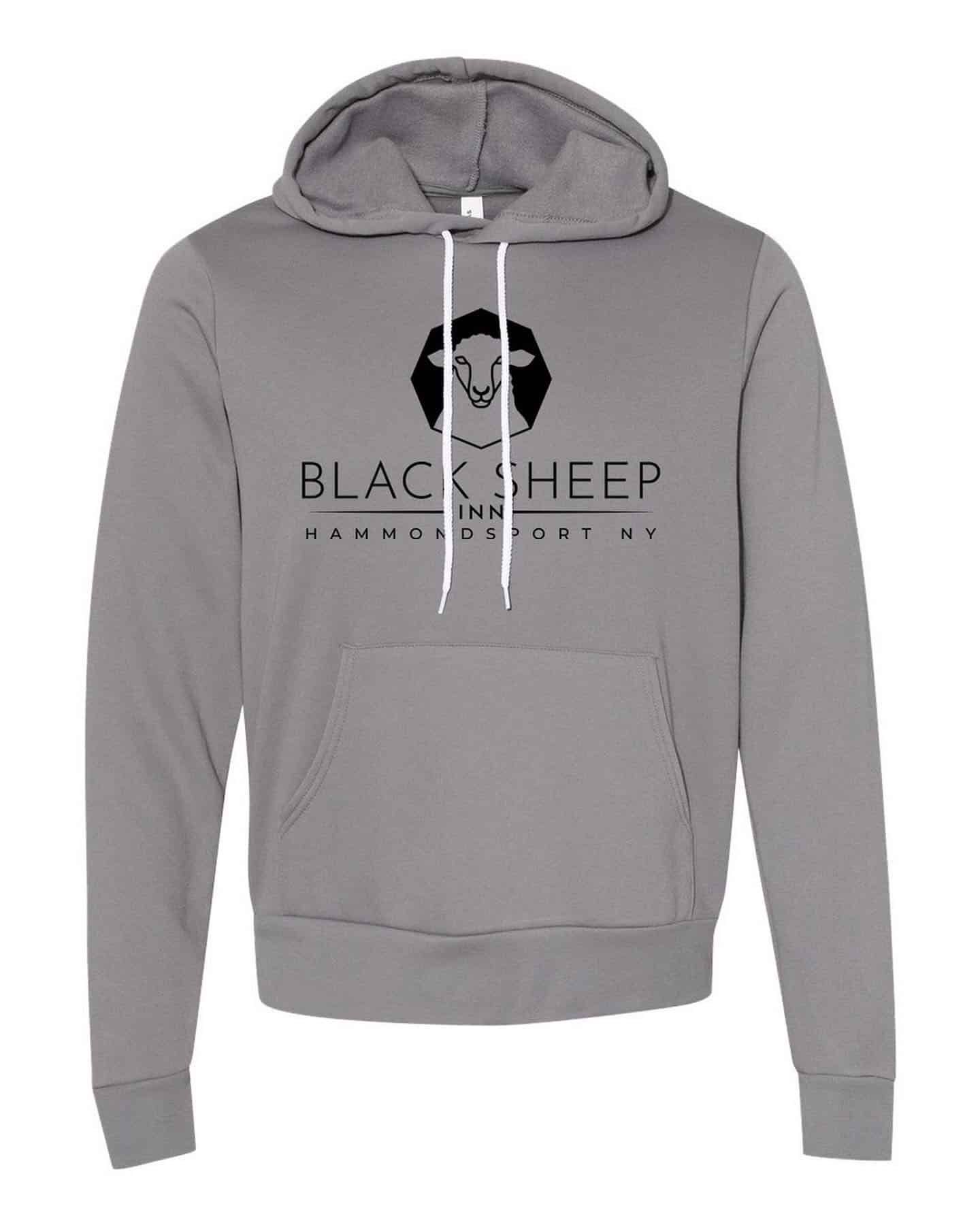 A grey hoodie with a black sheep logo on it