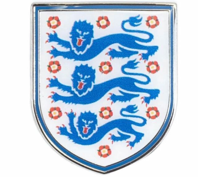 A blue and white shield with three lions on it