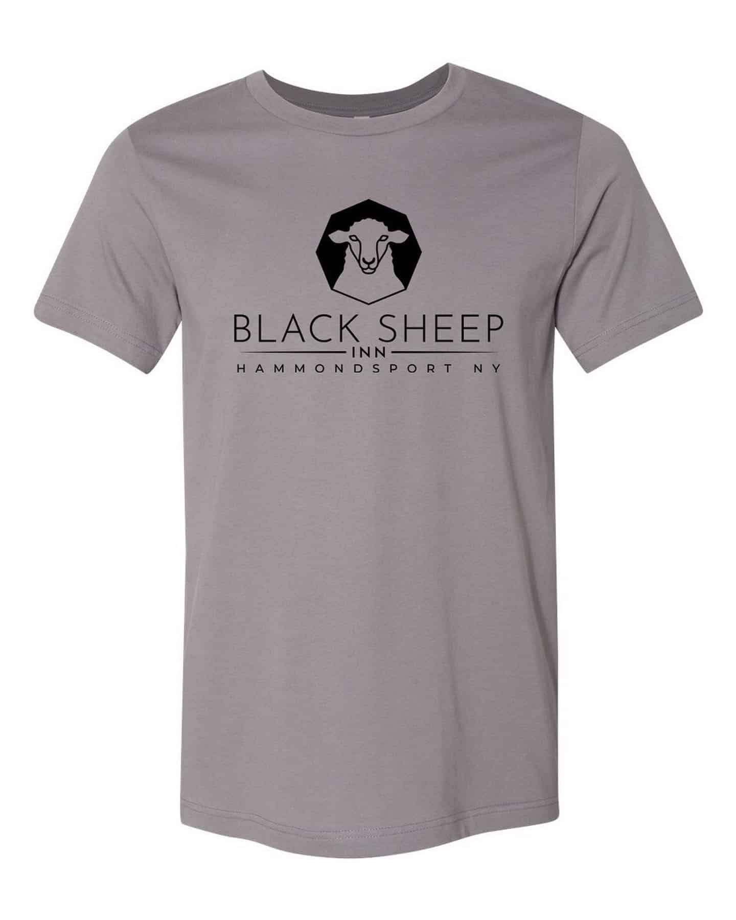 A grey t-shirt with a black sheep logo on it