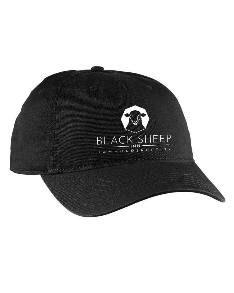 A black baseball cap with the word black sheep on it