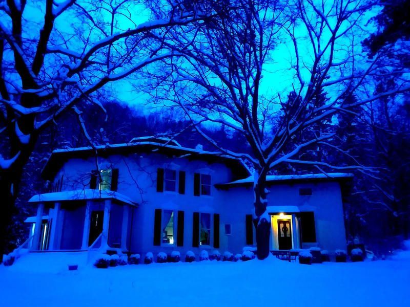 A house is lit up at night in the snow