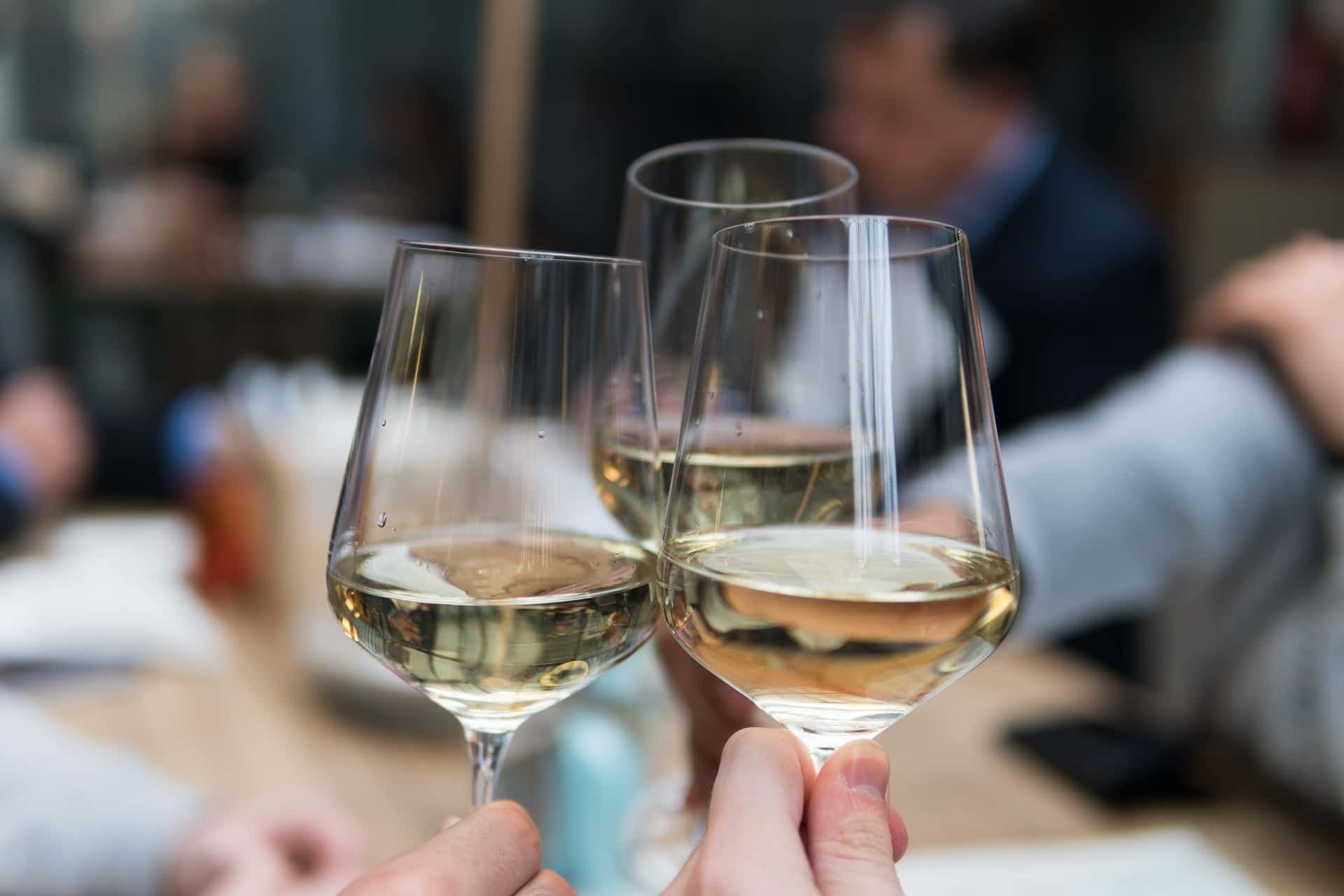 A group of people are toasting with wine glasses.