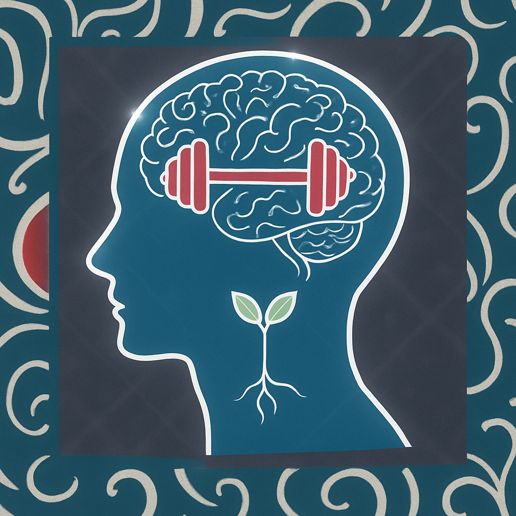 Silhouette of a head with brain, dumbbell, and plant sprouting from the neck, symbolizing mental fitness.