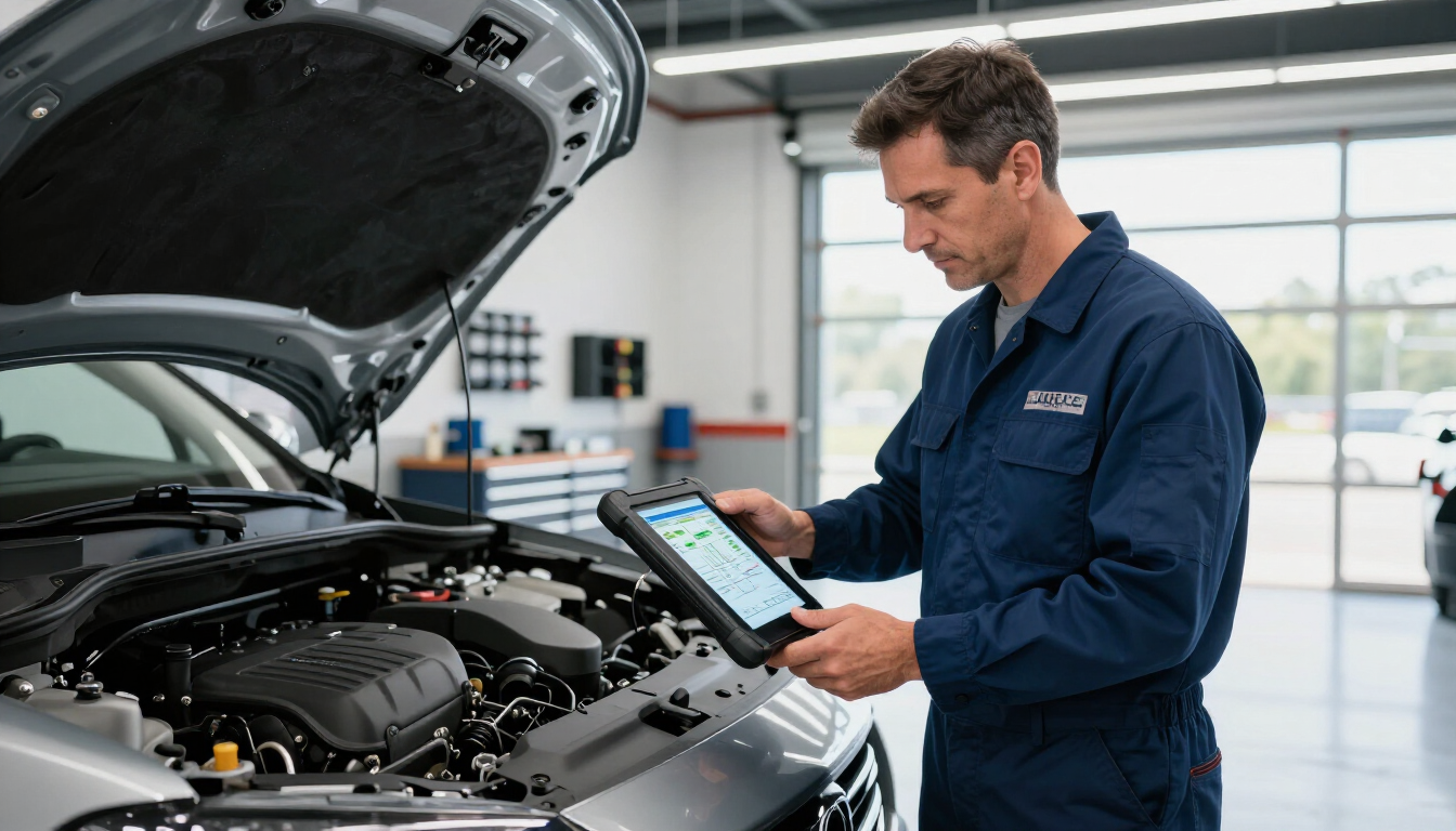 Mechanic using diagnostic tool