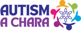Autism A Chara logo in purple, blue, orange and green with stylized people around a circular puzzle icon