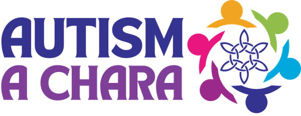 Autism A Chara logo in purple, blue, orange and green with stylized people around a circular puzzle icon
