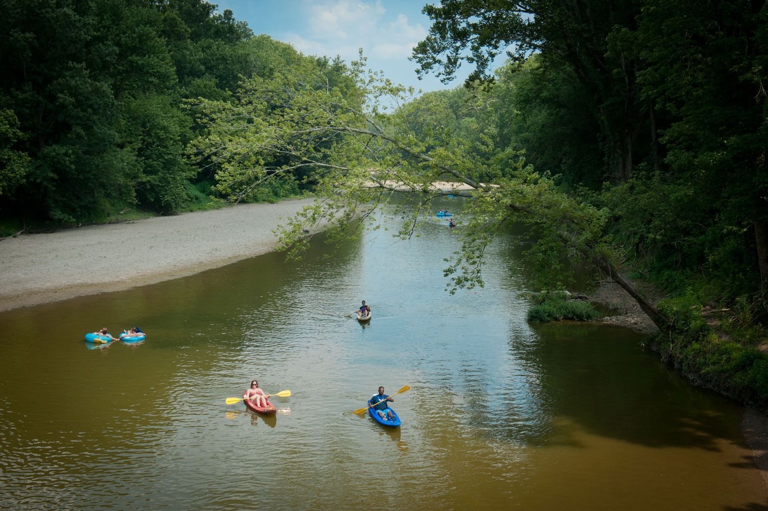 Small river with floating toy boats, bordered by trees and a gravel bank