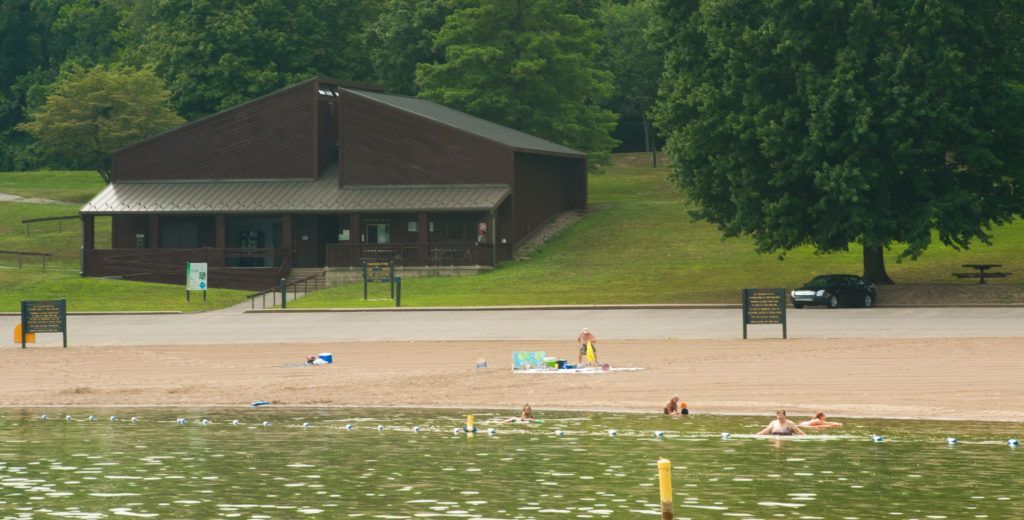 Beach with swimmers in the water, sandy shore, and a dark-roofed pavilion backed by trees