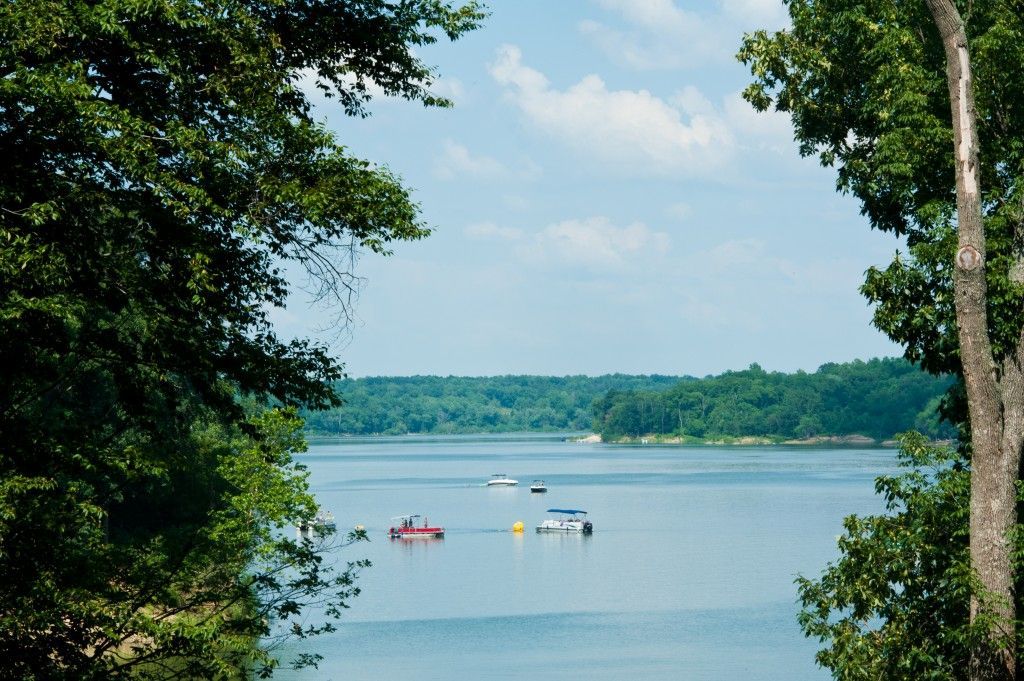 Lakeside view framed by trees, with small boats on calm blue water under a clear sky.