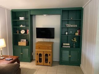 Living room with built-in green shelves, wall-mounted TV, and a wooden cabinet in the center
