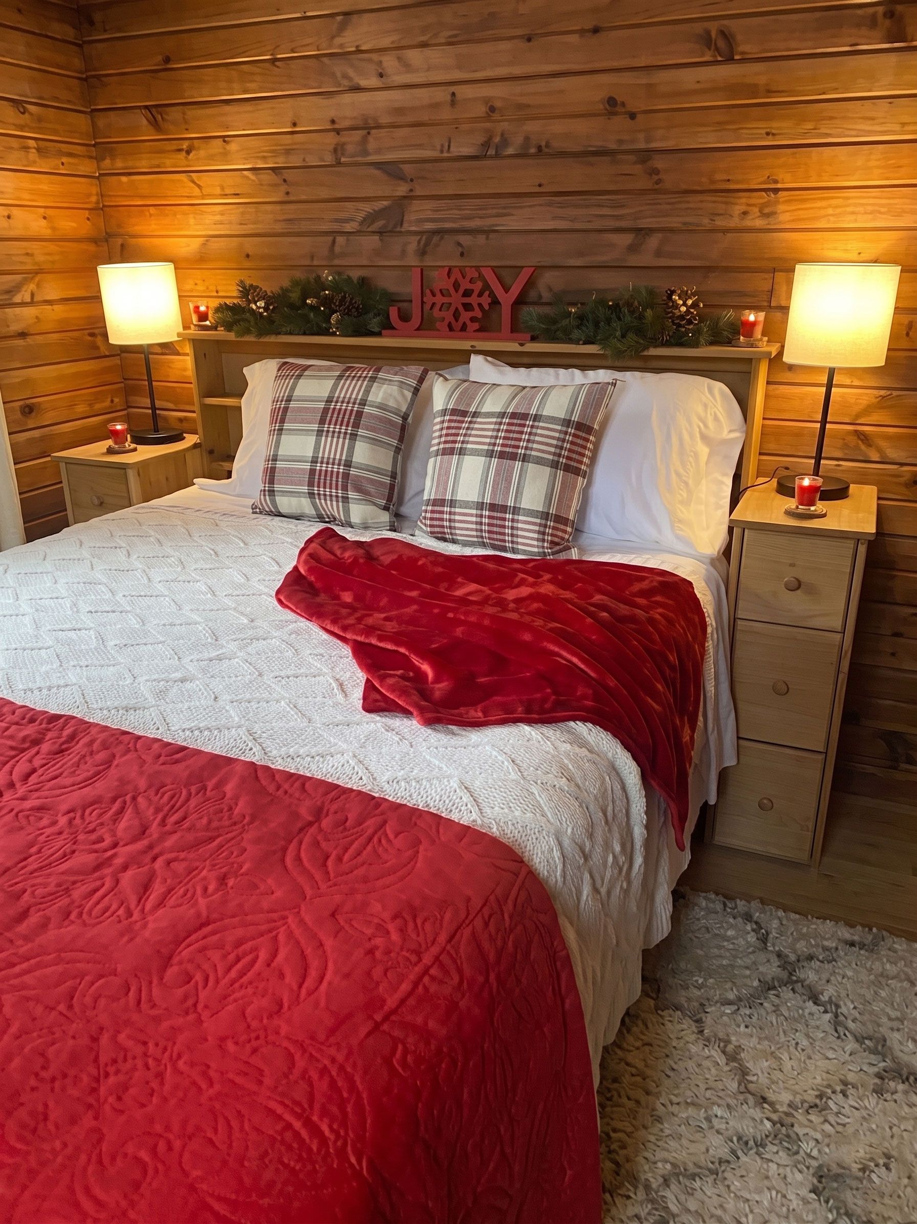 Cozy bedroom with a red-and-white bedspread, plaid pillows, wood-paneled walls, and bedside lamps