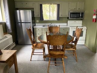 Small kitchen with green cabinets, stainless fridge, white stove, and wooden table with chairs.