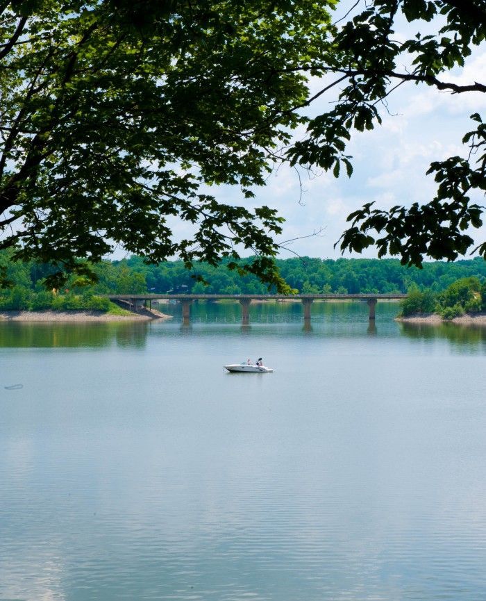Calm lake with a small boat beneath leafy trees and a distant bridge on the horizon