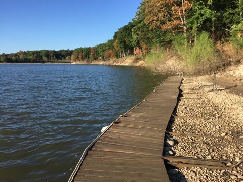 Wooden boardwalk beside a rocky shoreline and calm blue lake, with trees along the bank in sunlight.