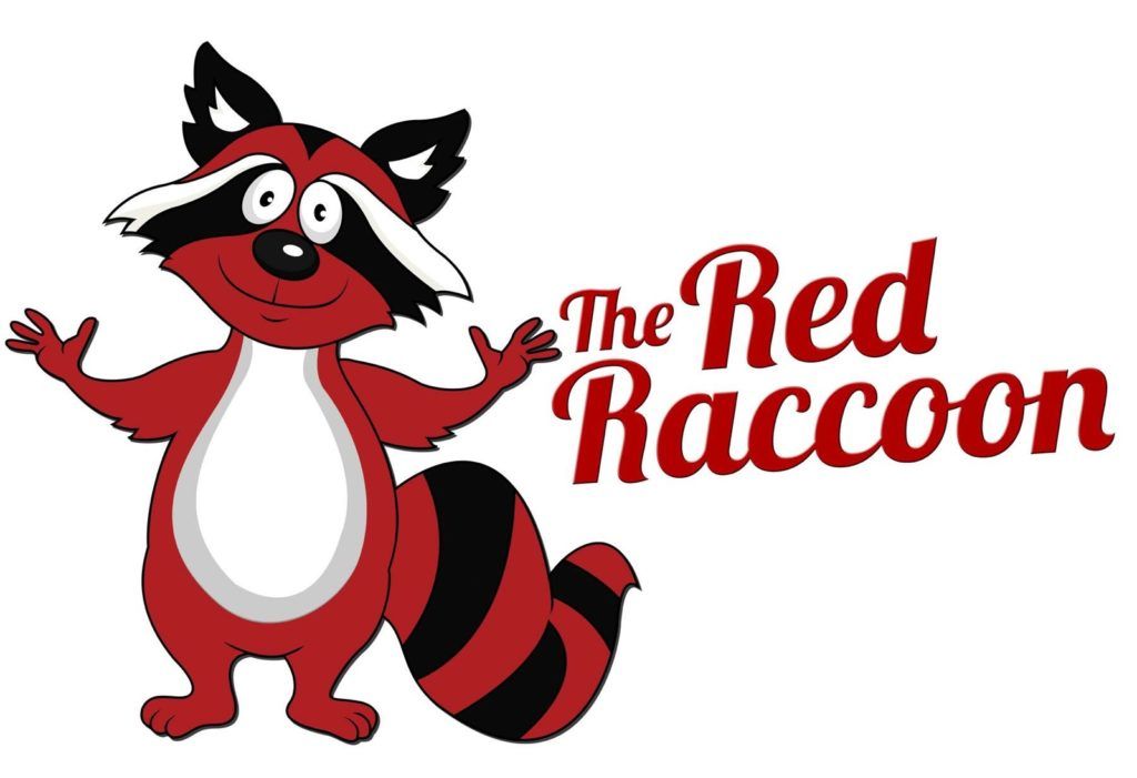 Cartoon red raccoon mascot with black-and-white mask, waving beside the words “The Red Raccoon”