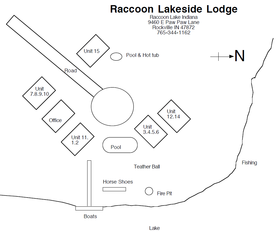 Map of Racoon Lakeside Lodge cabin layout, with units, office, pool, lake, and north arrow.