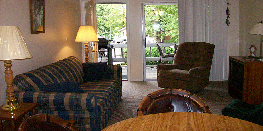 Cozy living room with striped sofa, armchairs, lamp, and French doors opening to a green patio.