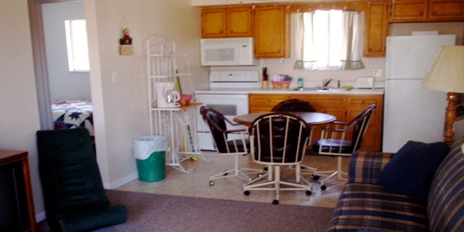 Cluttered living room and kitchen with chairs, white appliances, orange cabinets, and a blue couch