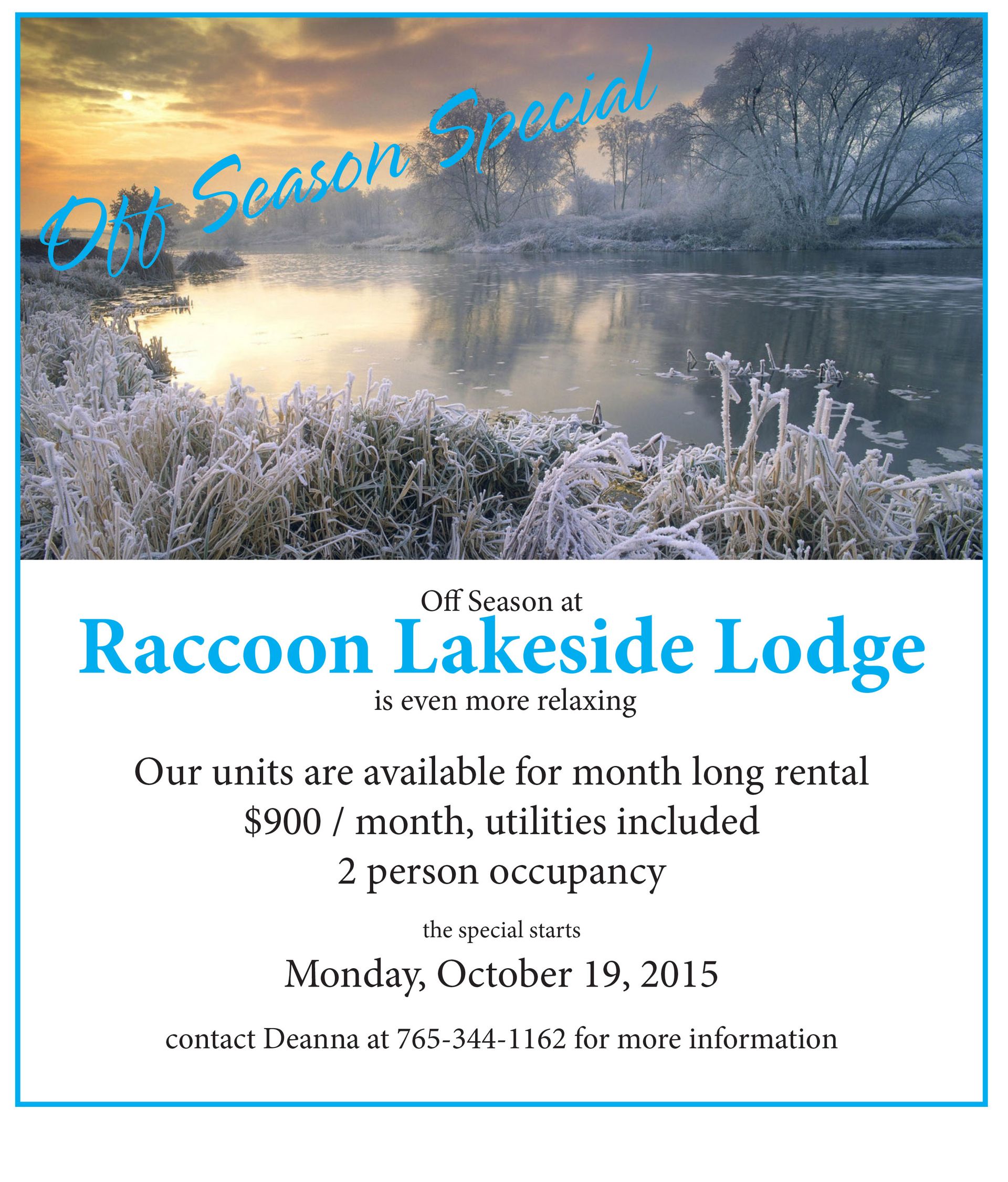 Raccoon Lakeside Lodge ad with frosty lake sunrise and rent details for one-bedroom apartments