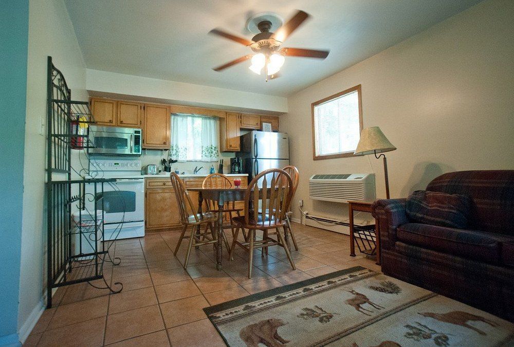 Small apartment living room with kitchen, dining table, sofa, ceiling fan, and wall-mounted TV