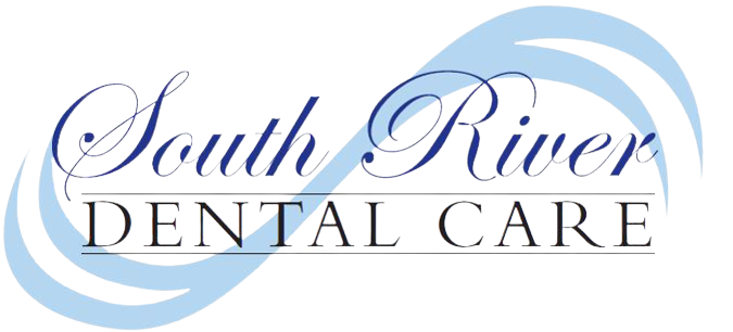 Logo for South River Dental Care; script text, light blue waves, white background.