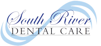 The logo for south river dental care is blue and white