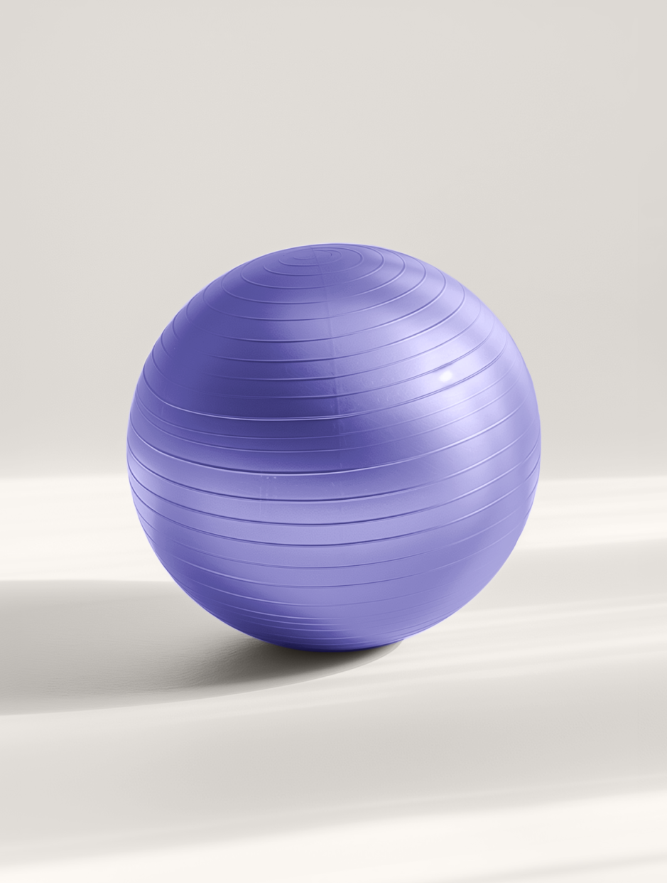 An orange exercise ball with horizontal ridges against a neutral background.