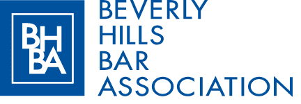 The logo for the beverly hills bar association is blue and white.