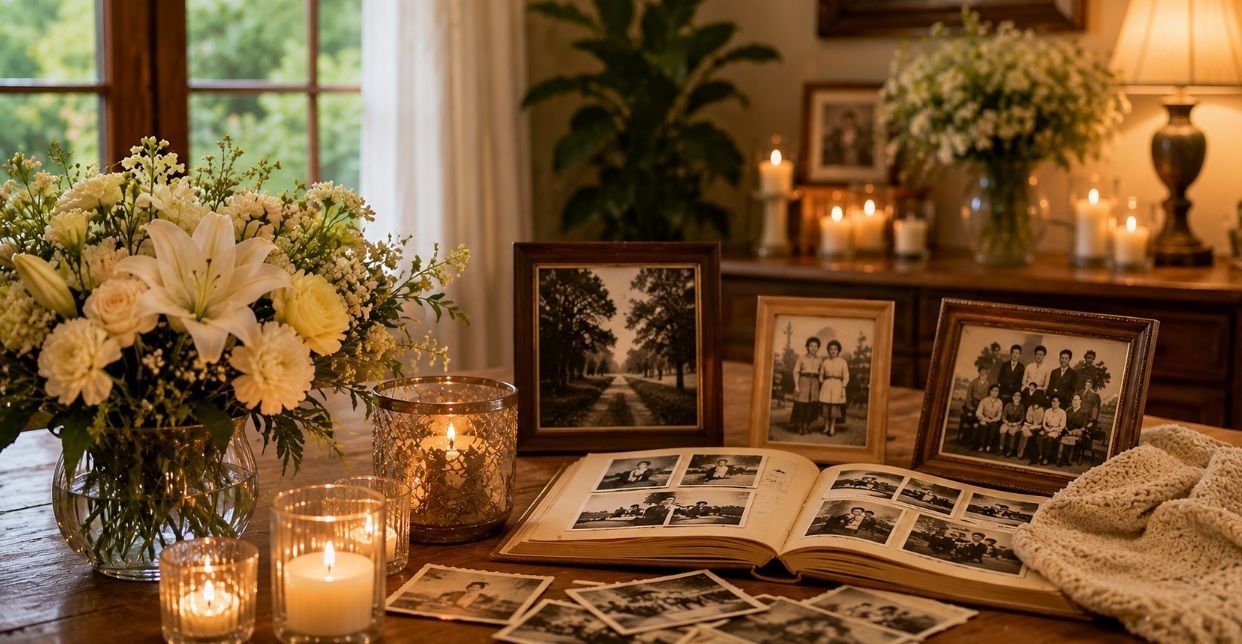 Comforting memorial display with candles and family photographs for funeral homes Warman, SK