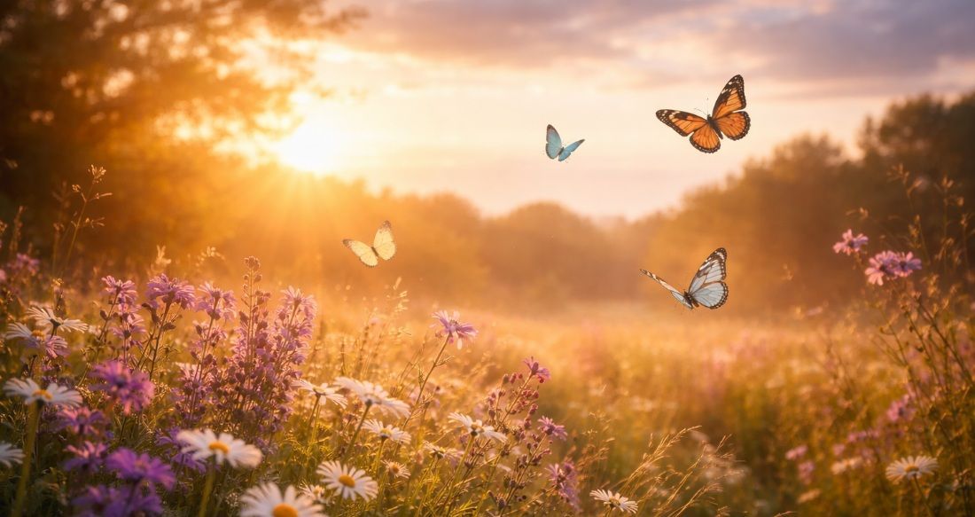 scene of several delicate butterflies gently flying above blooming wildflowers in Saskatoon