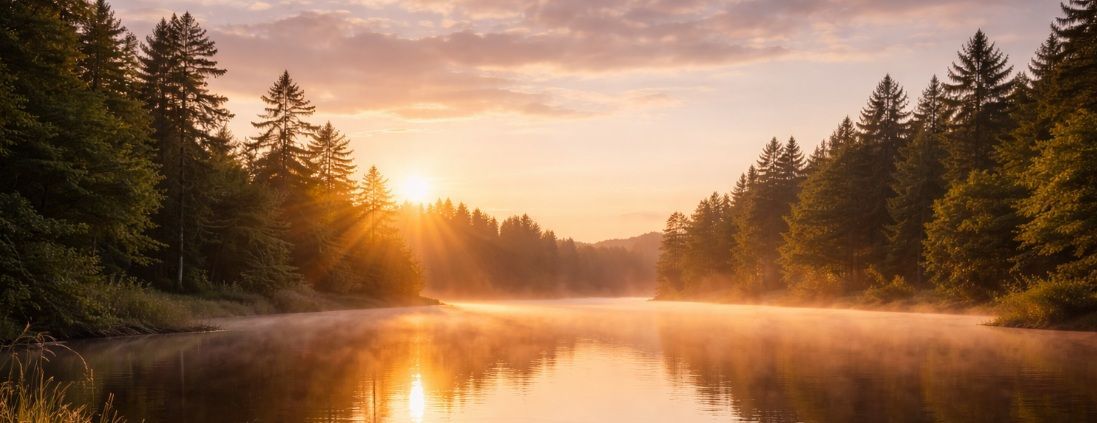 sunrise over a calm lake surrounded by tall evergreen trees in Martensville