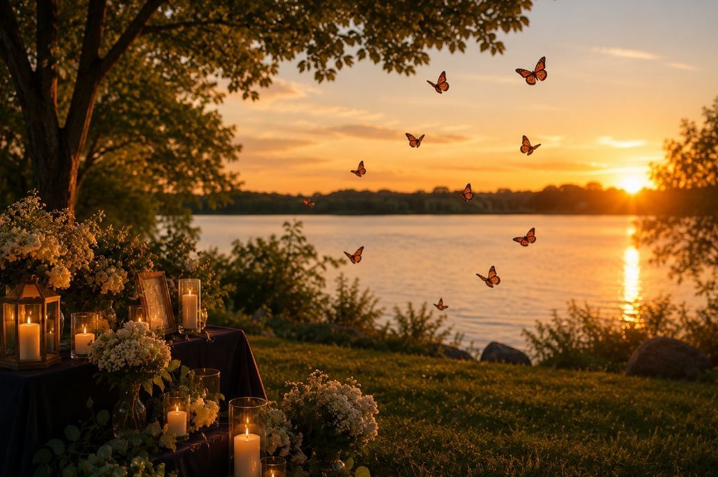 Peaceful lakeside sunset memorial with butterflies and candles for cremation services Warman, SK