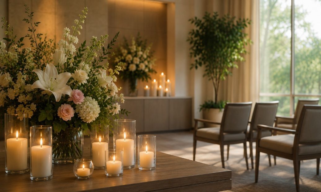 Peaceful memorial setting with candles and flowers for cremation services Martensville, SK