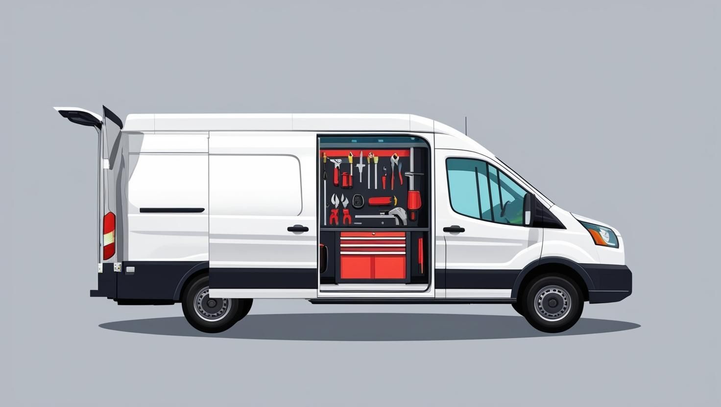 A white van with the doors open and tools in the back.