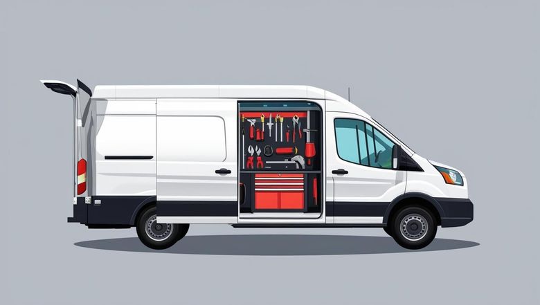 A white van with the doors open and tools in the back.