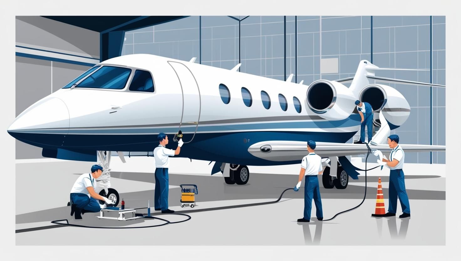 A group of men are working on a private jet in a hangar.