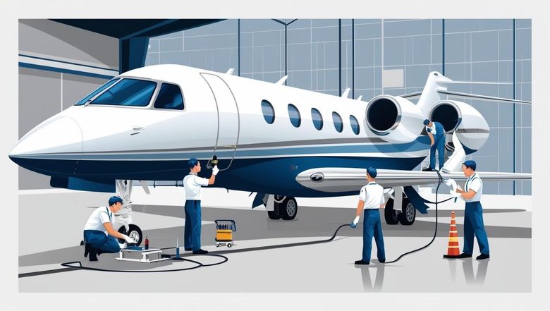 A group of men are working on a private jet in a hangar.
