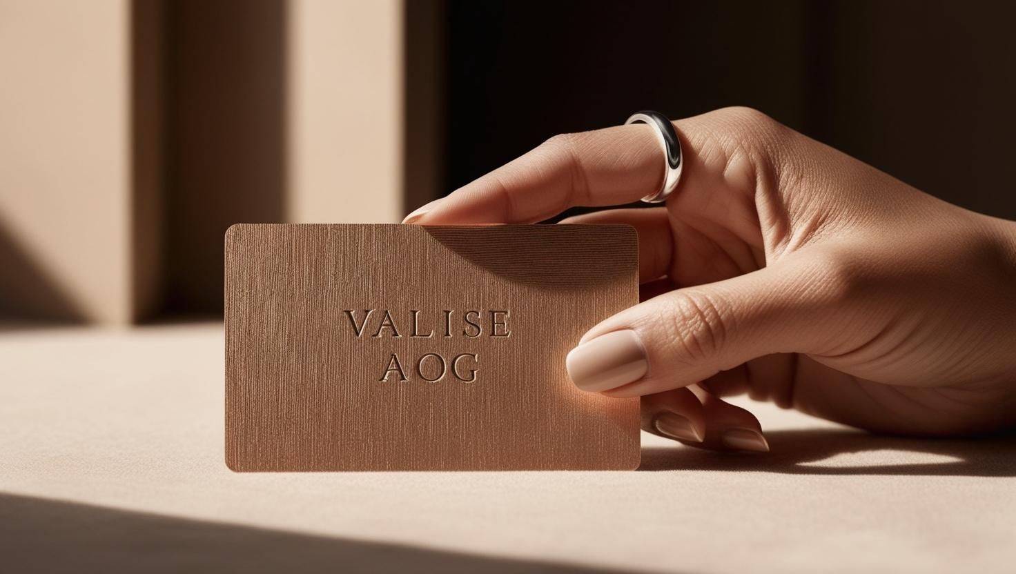 A woman is holding a bronze business card in her hand.