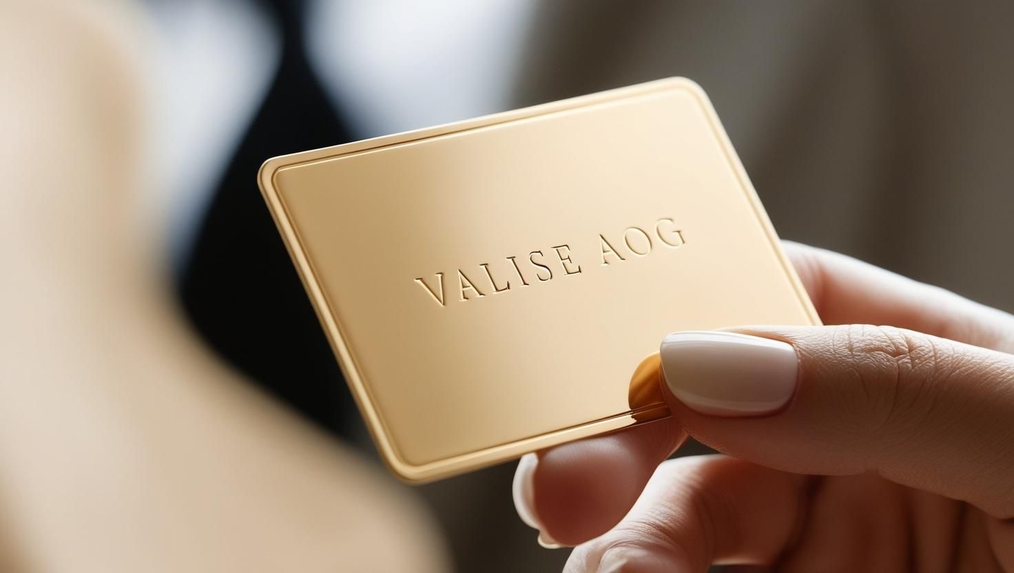 A person is holding a gold card that says valise aog