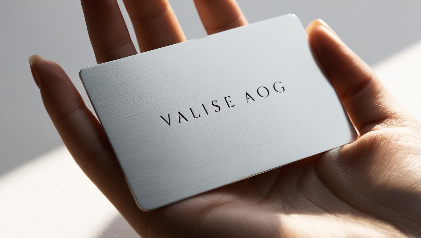 A person is holding a silver business card that says valise aog
