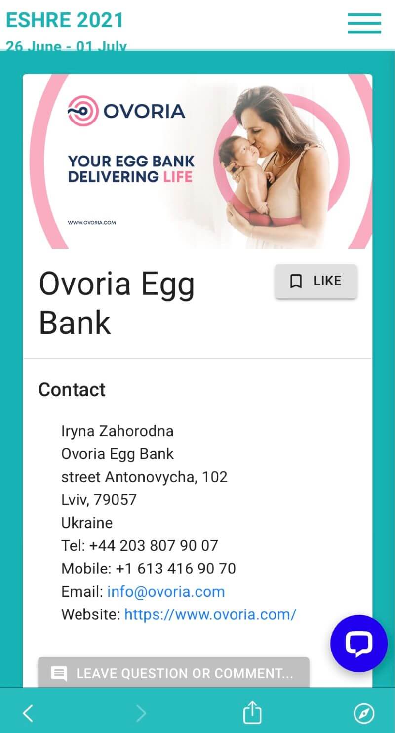 business card of ovoria egg bank with contact data and information